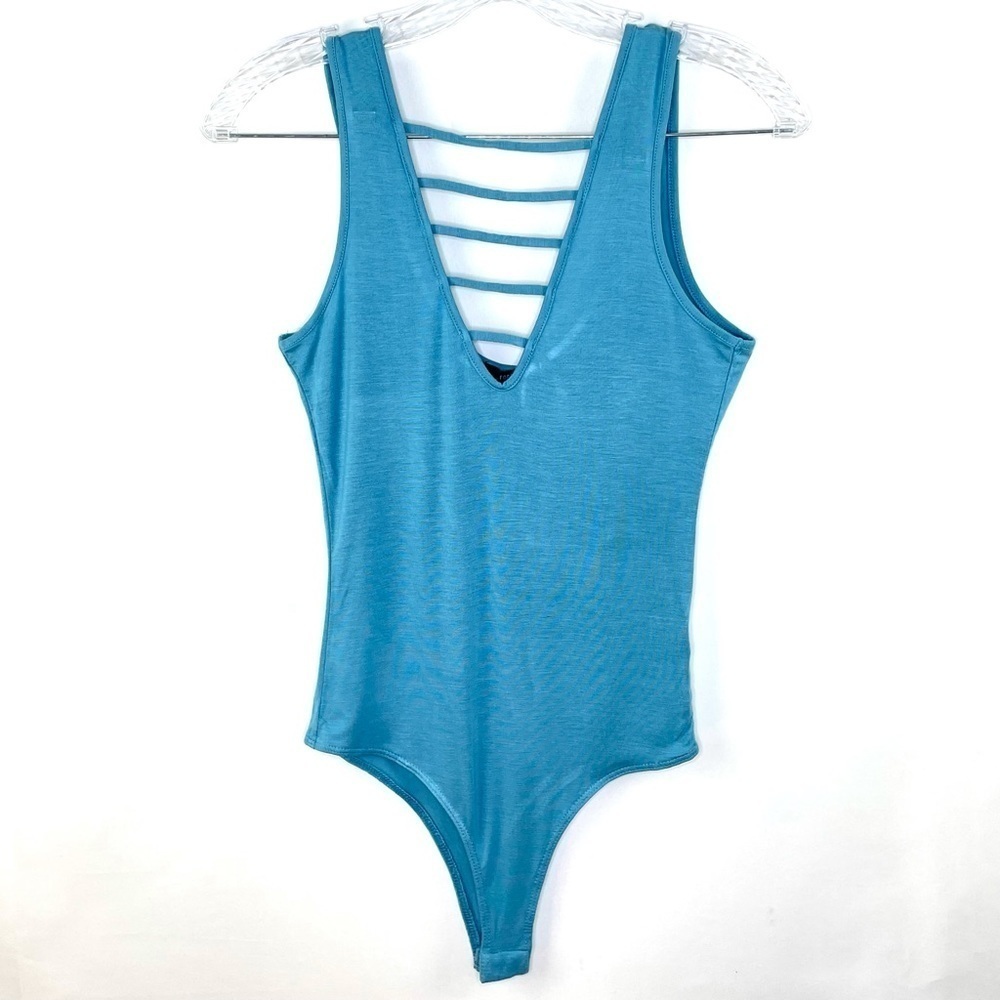 Forever 21 Teal Blue Plunging V Neck Jersey Knit Bodysuit Sz S